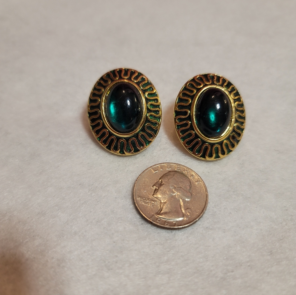 Vintage Galleria Stud Earrings - Enamel & Emerald Glass Oval Cabachon- Pierced - Picture 3 of 5